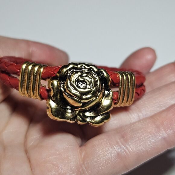 Vintage Gold Tone Rose On Red Corded Leather Bracelet 7" - Picture 1 of 16